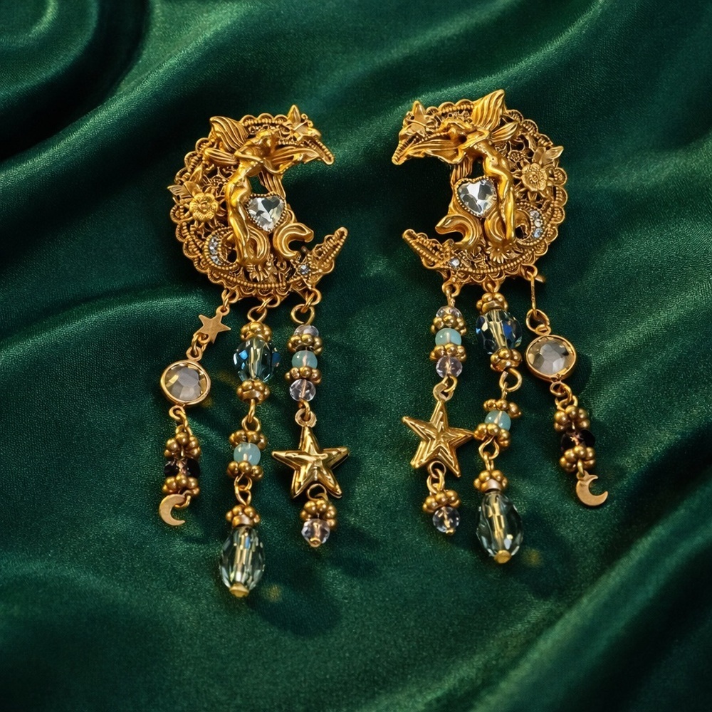 Vintage Antique Victorian Celestial Moon Dragon Earrings - Picture 8 of 8